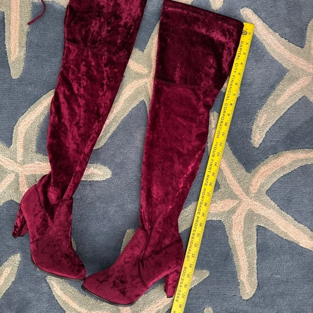 Catherine Malandrino Over‎ The Knee Velvet Boots Burgundy Tie Back Heeled 7.5